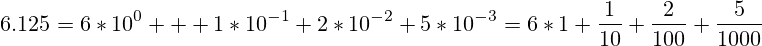 6.125=6*10^0 + 1*10^{-1}+2*10^{-2}+5*10^{-3}=6*1+\frac{1}{10}+\frac{2}{100}+\frac{5}{1000}