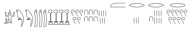 The fractional number in ancient Egyptian hieroglyphs. The inscription reads 1 234 567+1/2+1/3+1/18+1/900 (1 234 567.89 in decimal) .